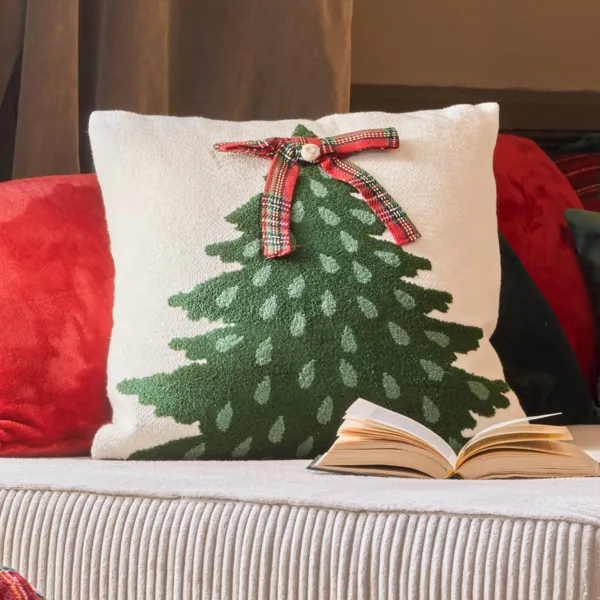 Cuscino di Natale quadrato in cotone (45 x 45 cm) Albero di Natale Tartan Rosso