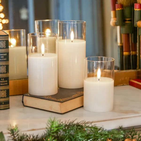 Lote de 3 velas de vidrio con pilas LED (H17 cm) Brillo de invierno Blanco c�lido