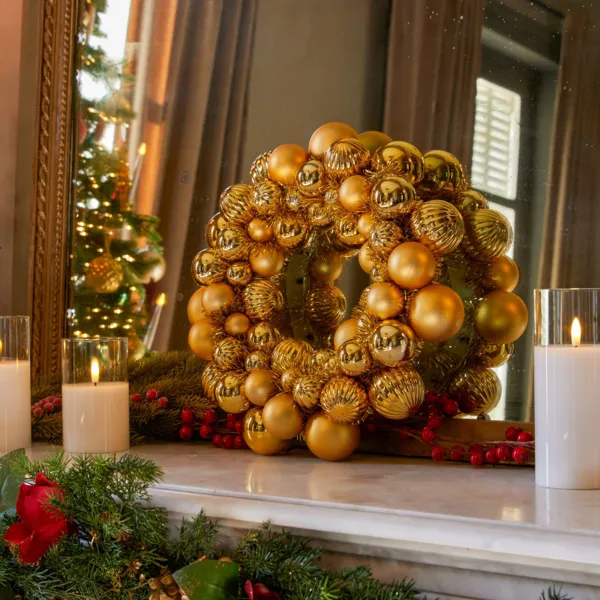 Corona de Navidad (D38 cm) Felices Bolas Oro claro