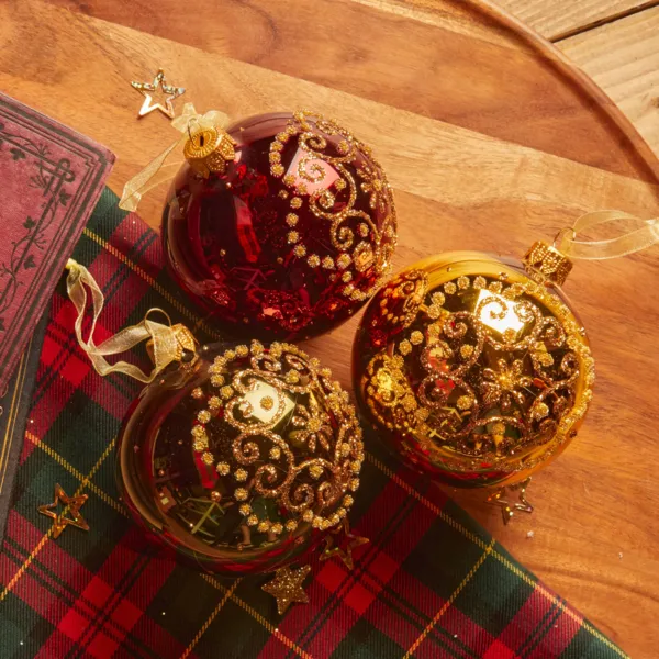 Lote de 6 bolas de Navidad de vidrio (D80 mm) Medall�n torsionado Oro, burdeos y Verde Pino
