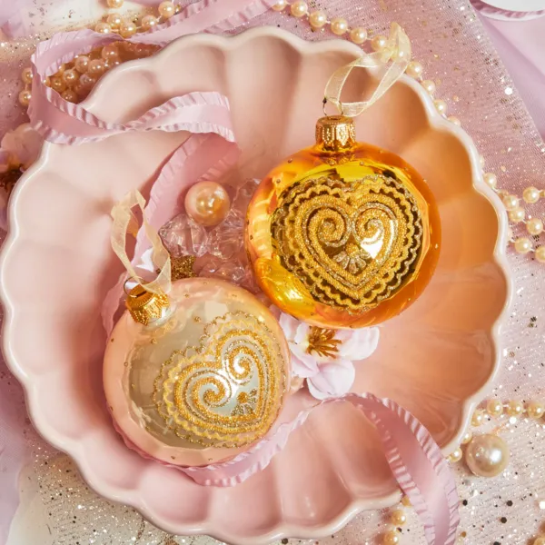 Lot de 6 boules de No�l en verre (D80 mm) Coeur d'amour Or et perle