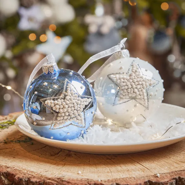 Lote de 6 bolas de Navidad de vidrio (D80 mm) Estrellas Azul y blanco