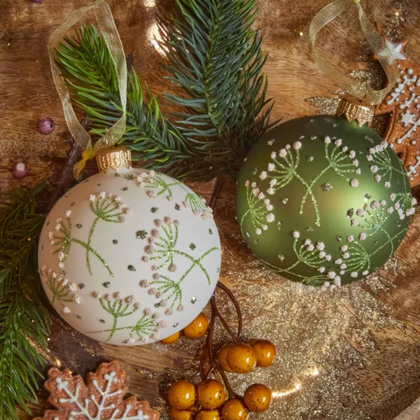Set di 6 palline di natale in vetro (D80 mm) Fiori del Caucaso Rosmarino e bianco lana