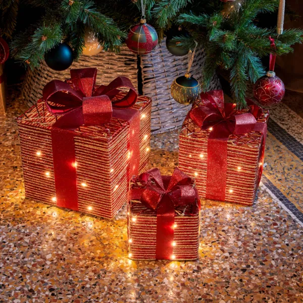 Set di 3 regali luminosi a pile 65 LED (H30 cm) Woodland Bordeaux e bianco caldo