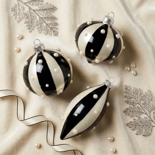 Lot de 3 boules de No�l en verre (D80 mm) Carnaval d'Hiver Noir et Blanc