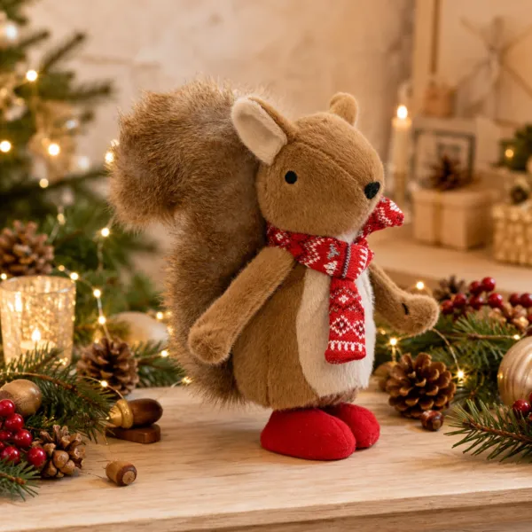 Staande decoratieve kerst eekhoorn (H30 cm) Gaspard Bruin en Rood