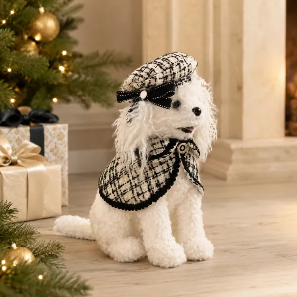 Julehund i pels (H32 cm) Aristide den parisiske Hvid og Sort