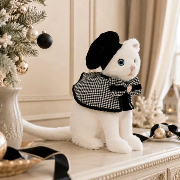 Chat de No�l en fourrure (H33 cm) Marie la parisienne Blanc et Noir