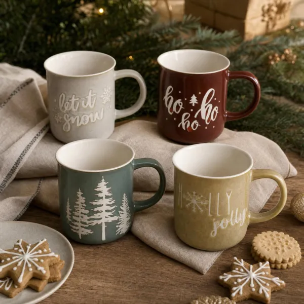 Set mit 4 Weihnachtsmugs (200 ml) Wintergenüsse in Beige und Schokolade