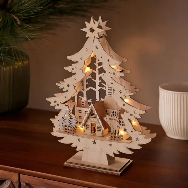 Sapin de No�l en bois lumineux (H39 cm) �toile Dor�e