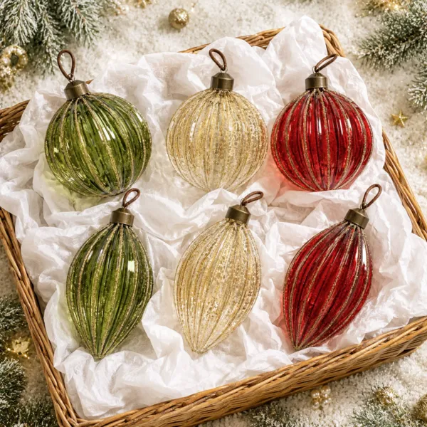 Lote de 12 colgantes de Navidad de vidrio (D100 mm) Elegancia Burdeos, verde y oro