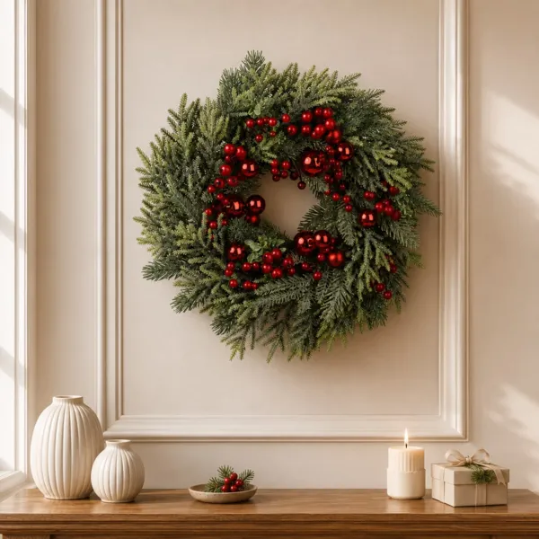 Corona de Navidad (D40 cm) Bayas de Invierno Verde Pino y rojo