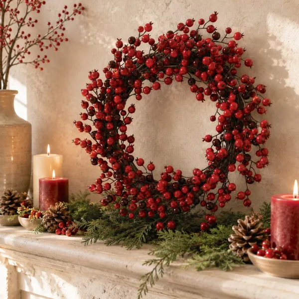 Corona de Navidad (D60 cm) Bayas lacadas Rojo y burdeos