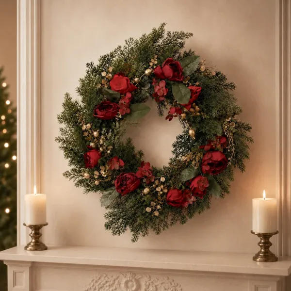 Weihnachtskranz (D60 cm) Rosen und Beeren Rot und Gold