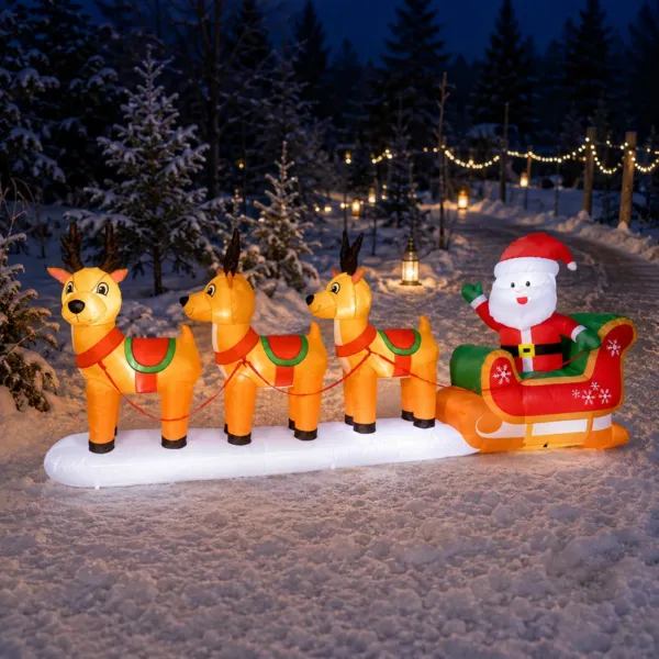 Babbo Natale gonfiabile luminoso (355 x H140 cm) Slitta e renne Azzurro freddo