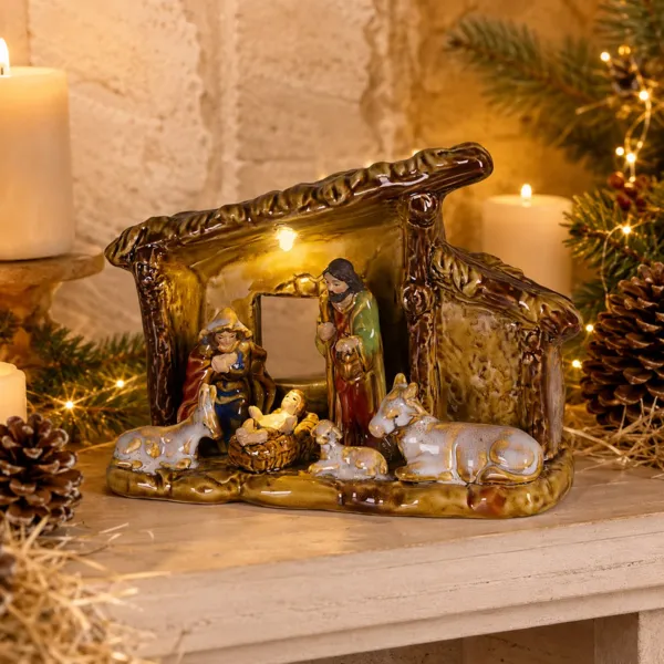 Cr�che de No�l compl�te lumineuse en porcelaine (H15 cm) Saint-Gabriel