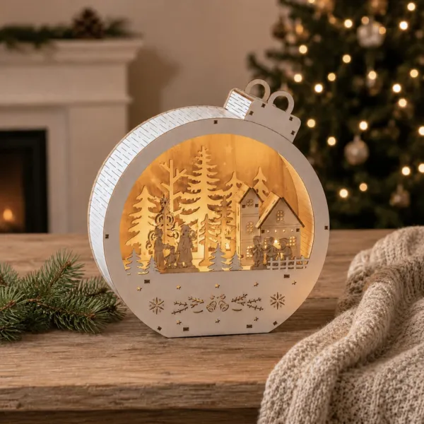 Village de No�l en bois lumineux � piles (H22 cm) Boule de No�l Blanche