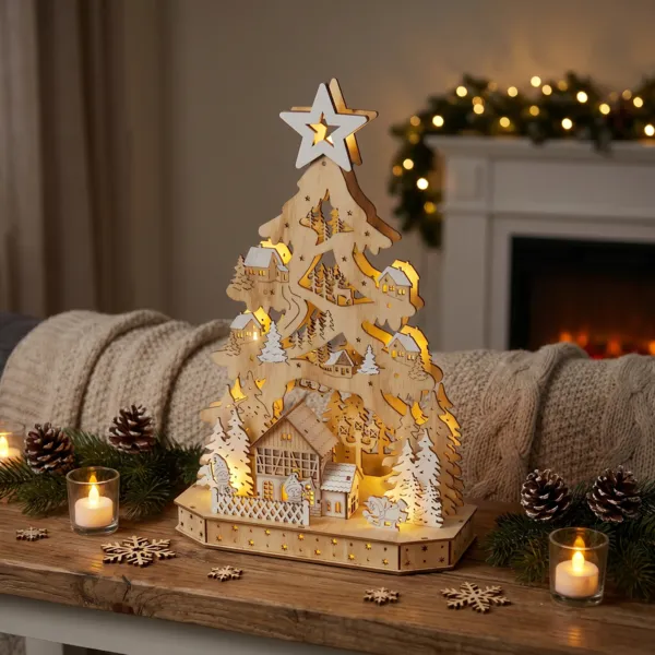 Villaggio di Natale in legno luminoso a pile (H40 cm) Montagna stellata Bianco caldo