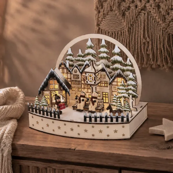 Village de No�l en bois lumineux � piles (H18 cm) Bonhommes de neige heureux