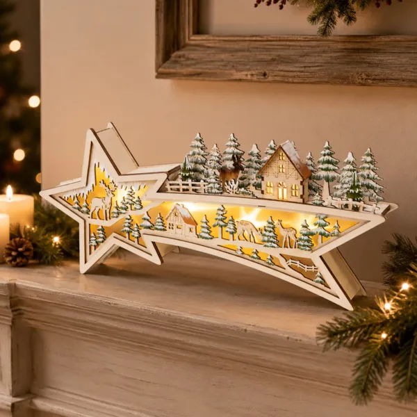 Weihnachtsdorf aus Holz mit Batteriebetrieb und Beleuchtung (H18 cm) Sternschnuppe