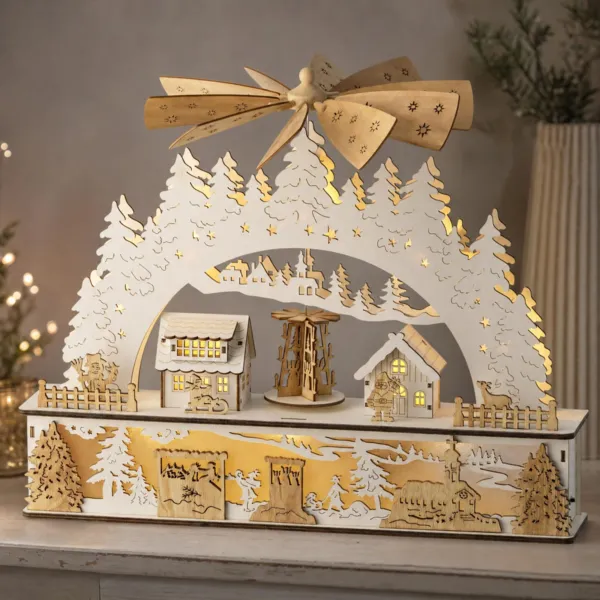 Villaggio di Natale in legno luminoso, musicale e animato a pile (H37 cm) Il Carosello degli Abeti