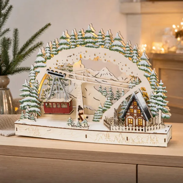 Beleuchtetes Holz-Weihnachtsdorf mit Batteriebetrieb (H31 cm) Seilbahn und Dorf