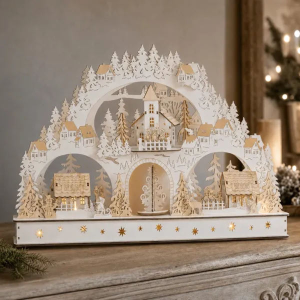 Villaggio di Natale in legno luminoso, musicale e animato a pile (H37 cm) Il Borgo Incantato