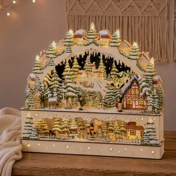 Villaggio di Natale in legno luminoso a pile (H47 cm) La Valle delle Meraviglie