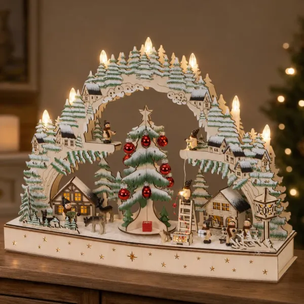 Villaggio di Natale in legno luminoso e animato a pile (H39 cm) Albero e sue palline Rosse
