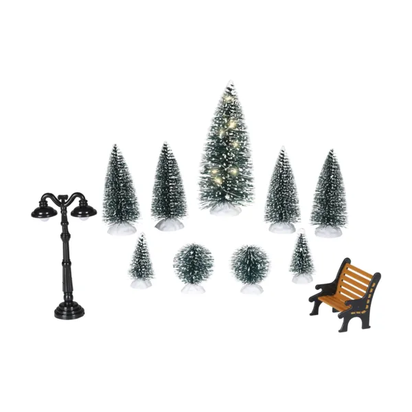 Set van 11 accessoires voor kerststal Dennenbomen, bankje en lantaarnpaal