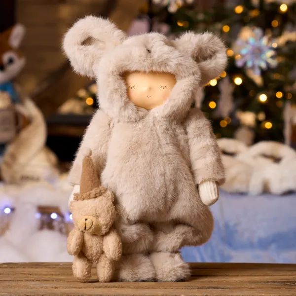 Bambola di Natale in pelliccia sintetica (H36 cm) Armand pigiama orso Crema