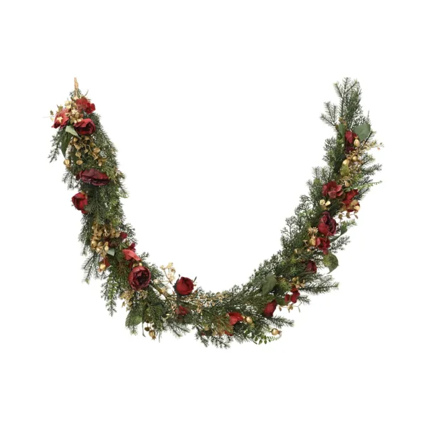 Tannengirlande (180 cm - D15) Rosen und Beeren Rot und Gold