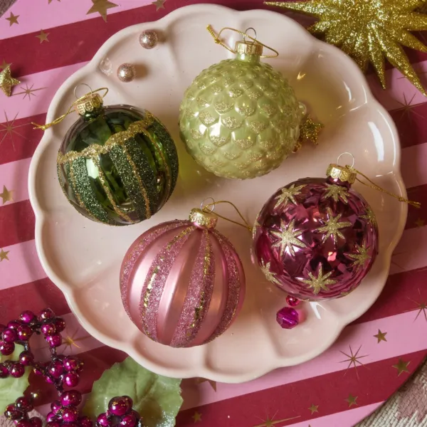 Set di 12 palline di natale in vetro (D80 mm) Majesty Verde e rosa scuro
