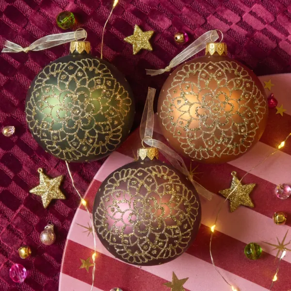 Set di 6 palline di natale in vetro (D80 mm) Rosone Rame, verde abete e rosa scuro