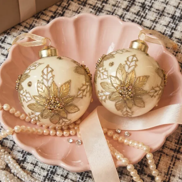 Set di 2 palline di natale in vetro (D80 mm) Preziosa Fiore Oro e Bianco lana