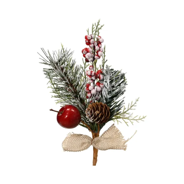 S�t med 24 dekorerede grangrene (H20 cm) Juteb�nd Snebelagt