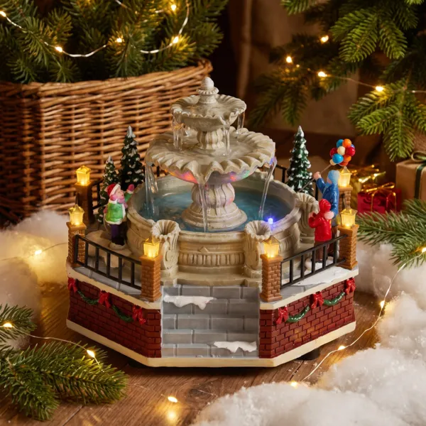 Villaggio di Natale luminoso musicale e animato a pile (H15 cm) Fontana con colori che cambiano