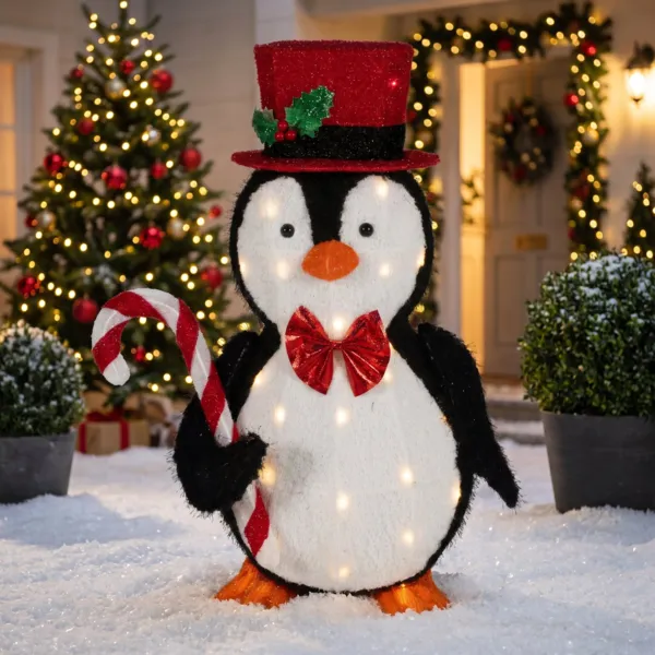 Pinguino luminoso a pile 30 LED (H66 cm) Polo e Canna di zucchero Bianco caldo