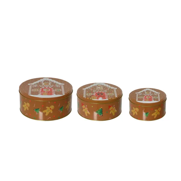 Set aus 3 runden Aufbewahrungsdosen aus Metall Lebkuchen Braun