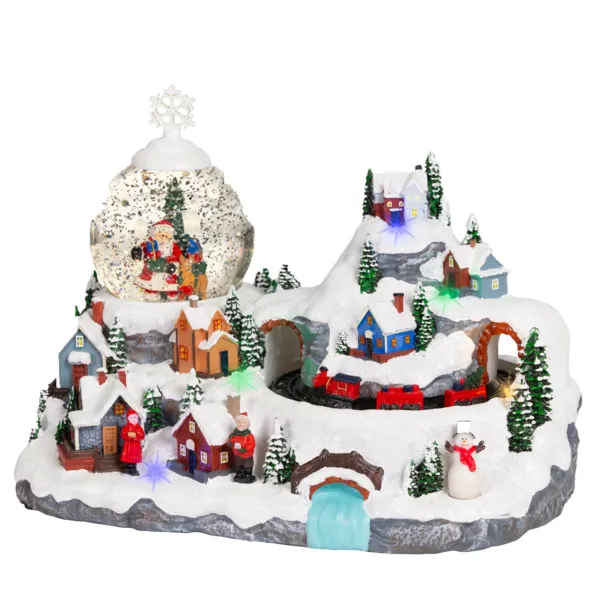 Weihnachtsdorf mit Beleuchtung und Bewegung, batteriebetrieben (H24 cm) Schneekugel und Zug