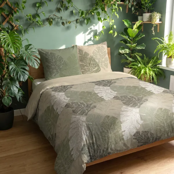 Copripiumino e due federe in cotone (260 x 240 cm) Monstera Verde cachi