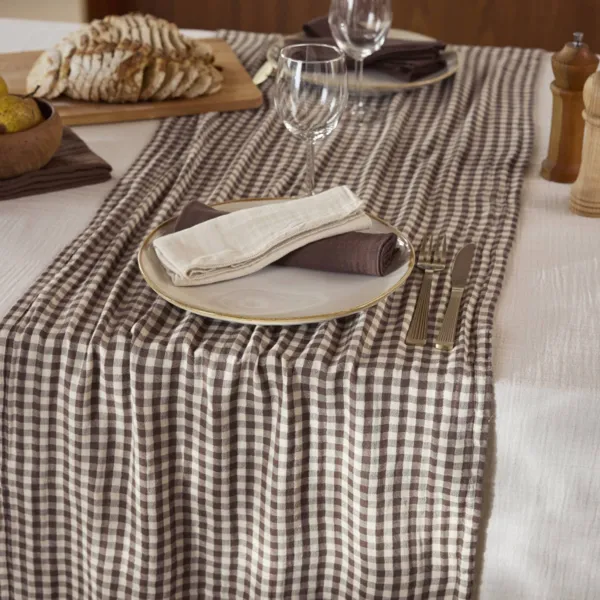Chemin de table gaze de coton (50 x 150 cm) Ga�a vichy Brun