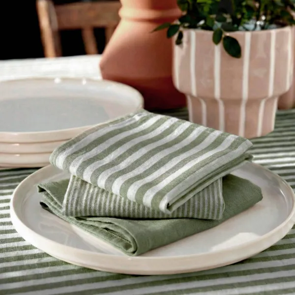 Set mit 3 Baumwoll-Musselin-Servietten (40 x 40 cm) Ga�a Streifen Rosmaringr�n