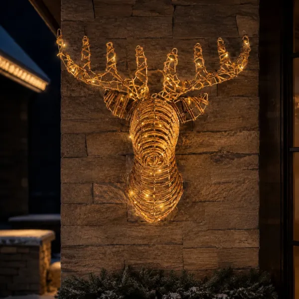 Testa di renna luminosa 48 LED (H66 cm) Resina intrecciata Naturale e bianco caldo