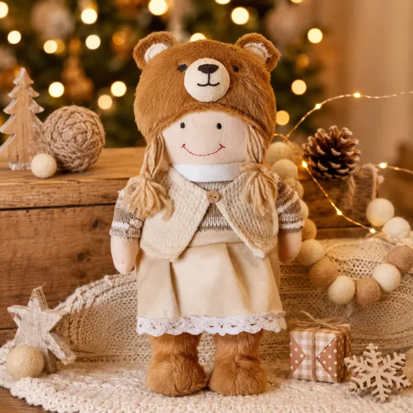 Bambola bambina in piedi (H32 cm) Yvette con berretto orso Beige