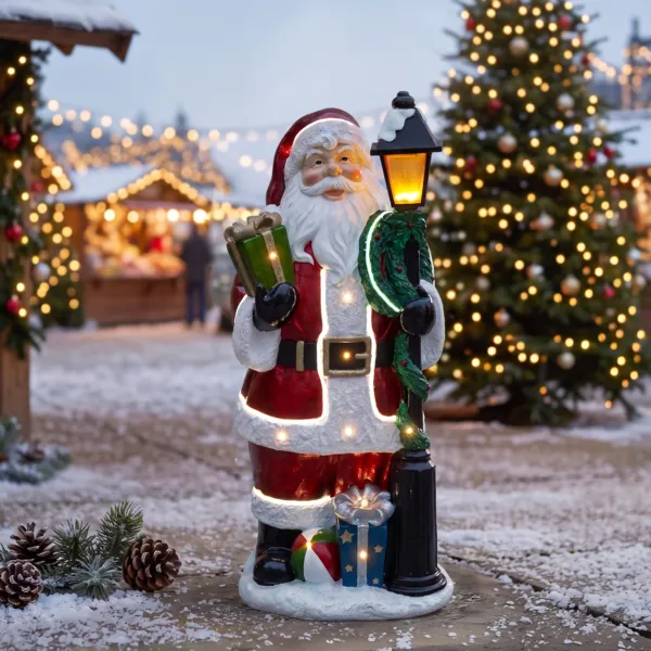 P�re No�l lumineux 7 LED (H93 cm) Santa Klaus et lanterne blanc chaud