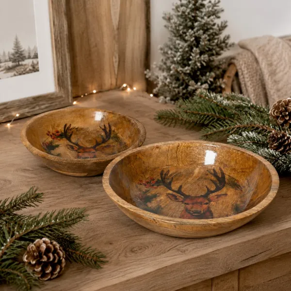 Set aus 2 Mangoholzschalen (D30-25 cm) Majestätische Rentiere Naturfarben