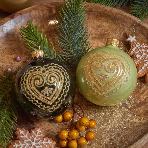 Lot de 6 boules de No�l en verre (D80 mm) Coeur d'amour Vert sapin et pistache