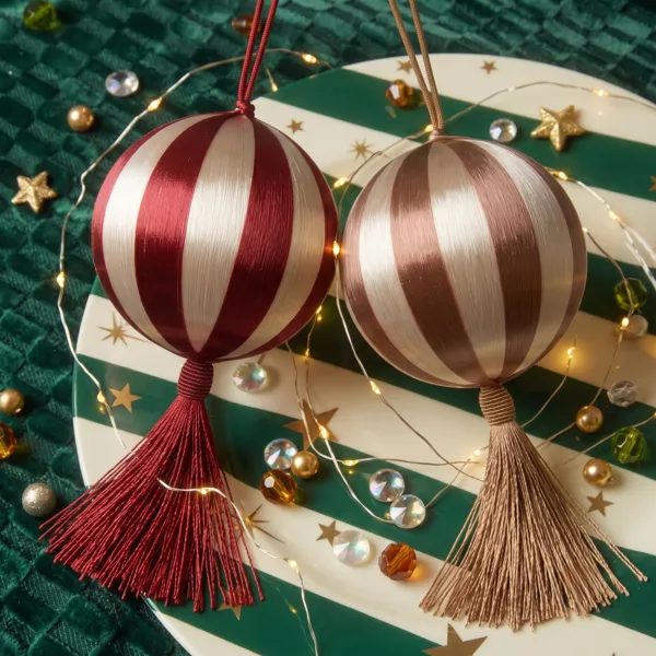 Lote de 12 bolas de Navidad (D100 mm) Borla y rayas Burdeos y co�ac