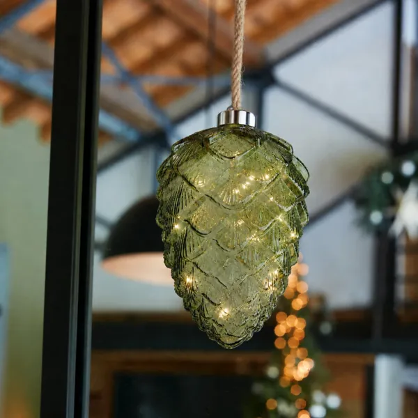 Pi�a luminosa de vidrio con pilas 15 LED (H21 cm) Vintage T� verde/blanco c�lido